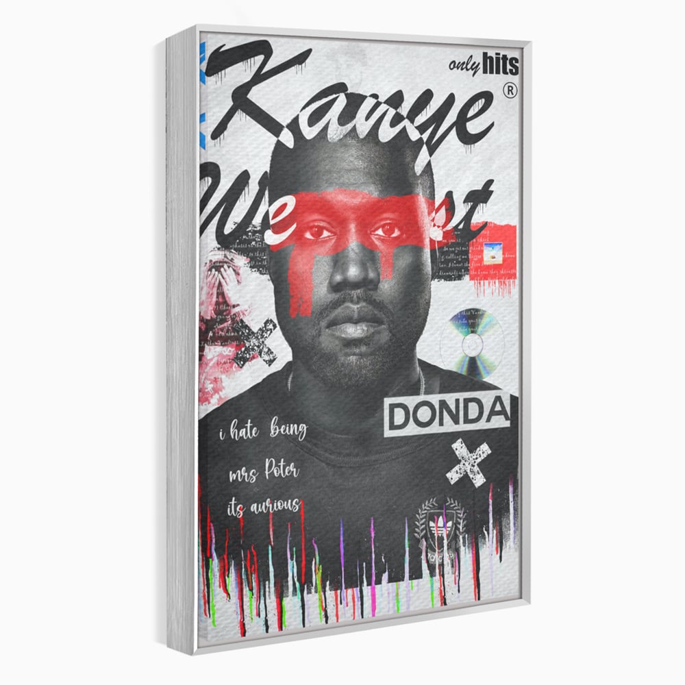 Tablou canvas cu tablou canvas cu portretul stilizat al lui kanye west, in rama de aluminiu argintiu